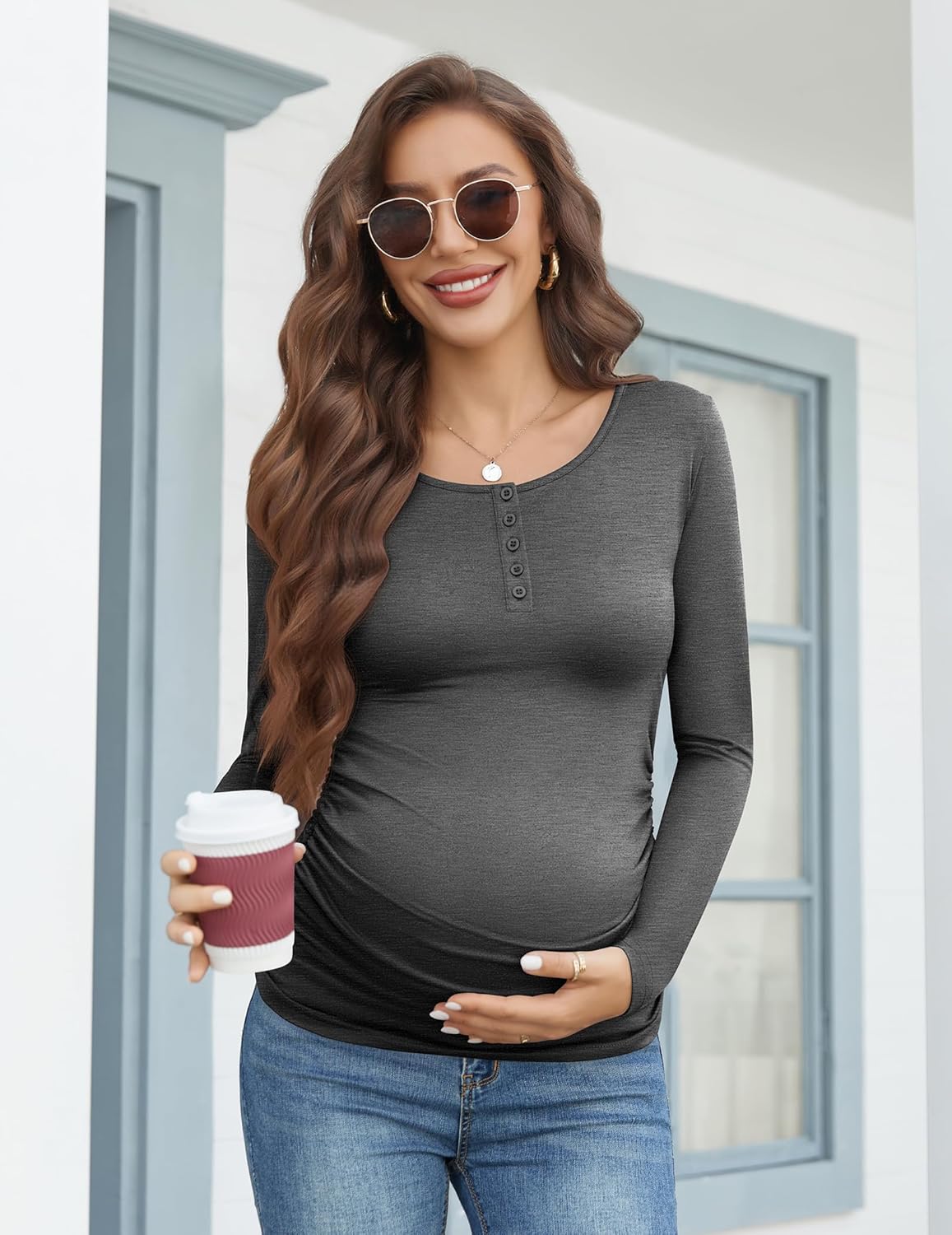 Dark grey long-sleeve maternity henley shirt with button placket and fitted shape