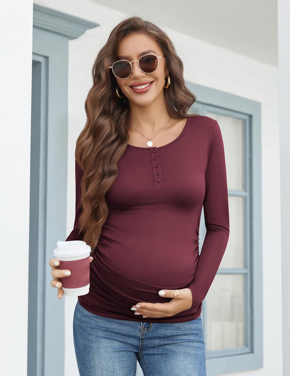 Maternity long-sleeve shirt, maroon with front button placket