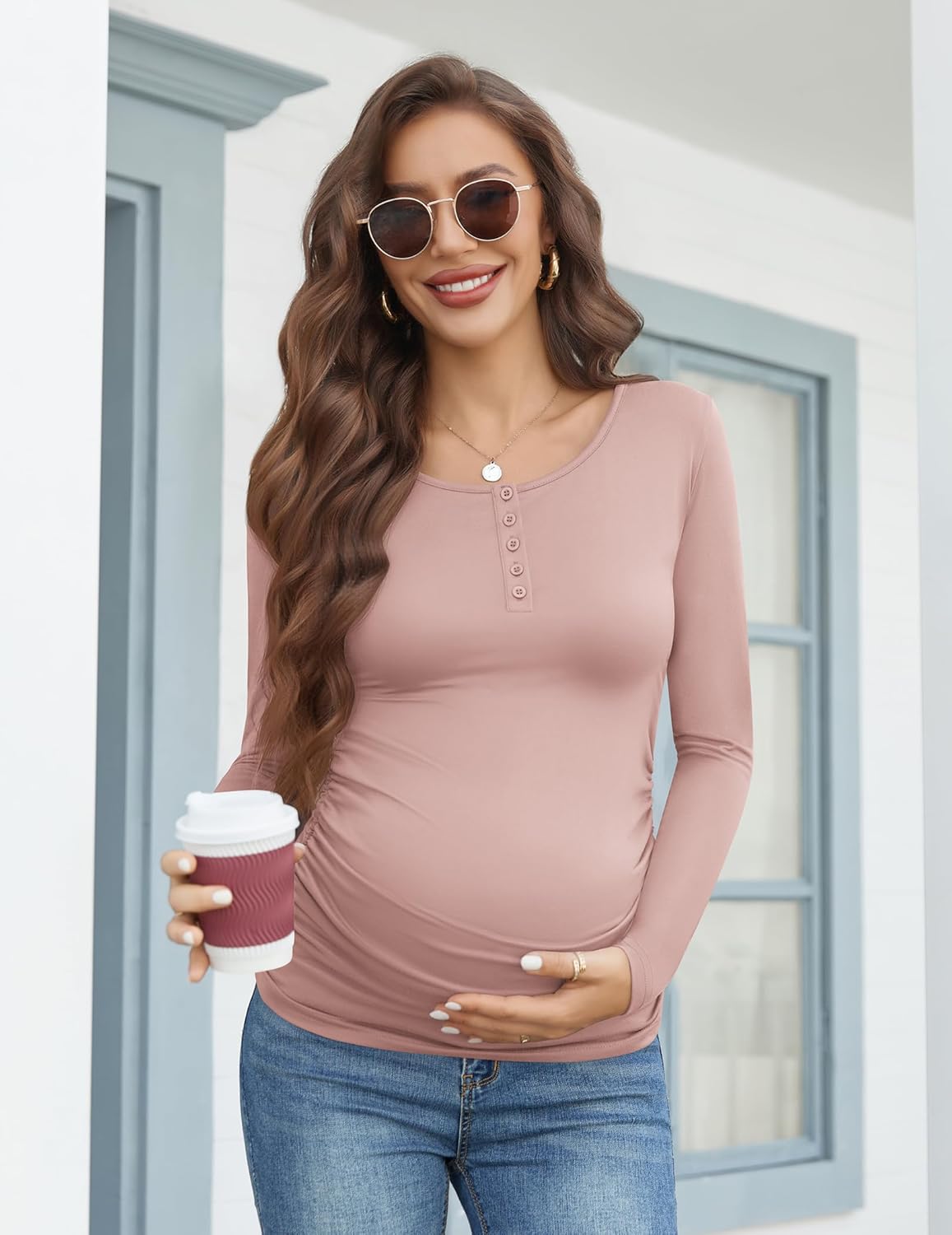 Maternity long-sleeve henley shirt in dusty rose pink with button placket