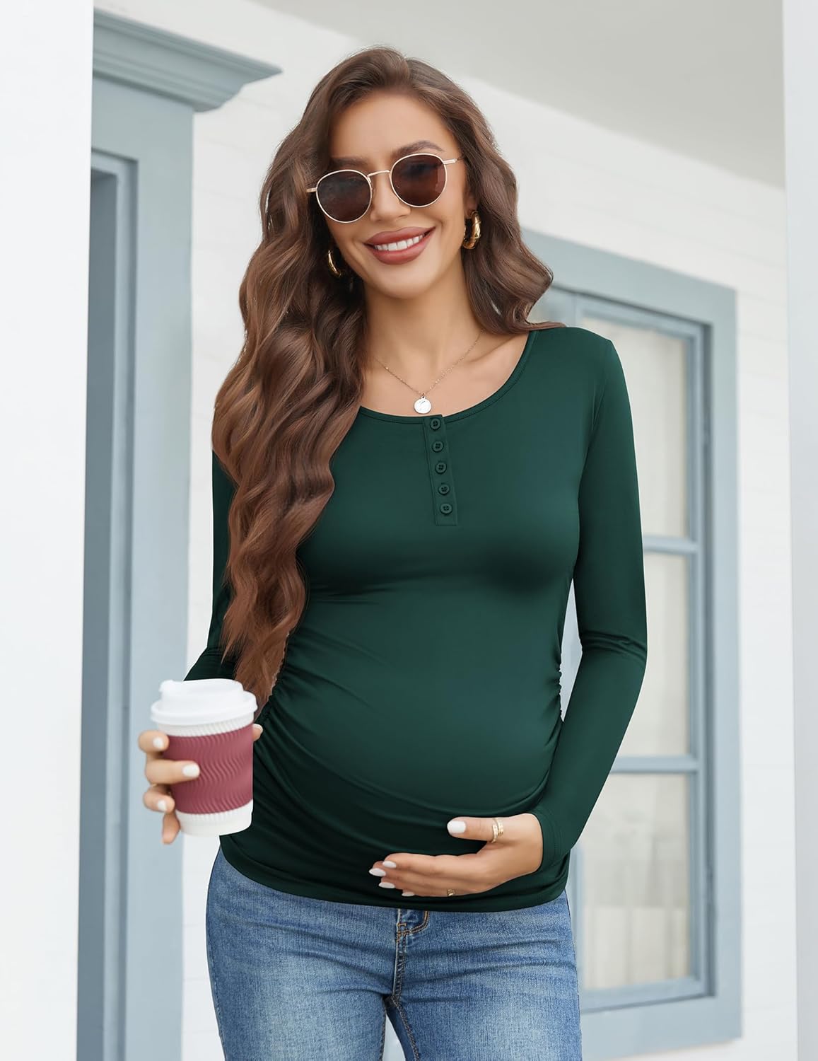 Umstandslangarmshirt mit Knopfleiste, tiefgrün