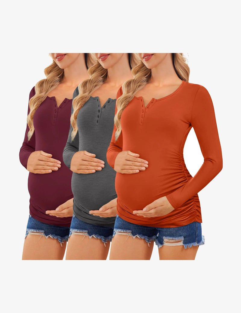 3-pack long-sleeve maternity henley shirts: burgundy, grey, rust orange