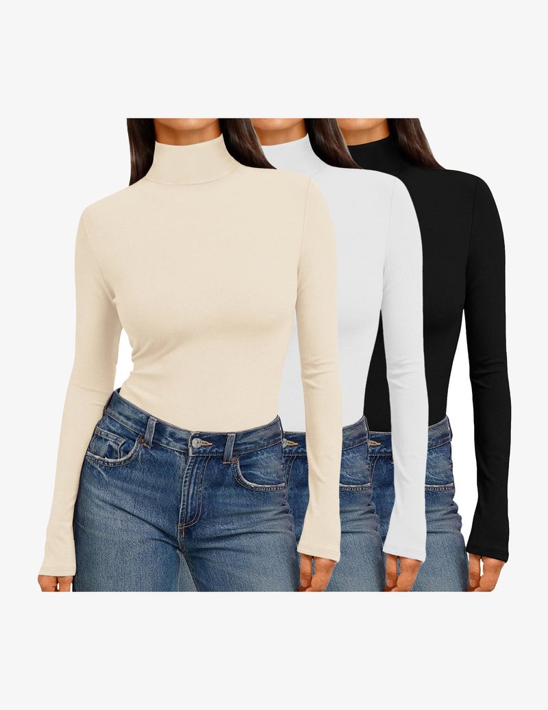 3-pack mock turtleneck long-sleeve tops in cream, white, and black
