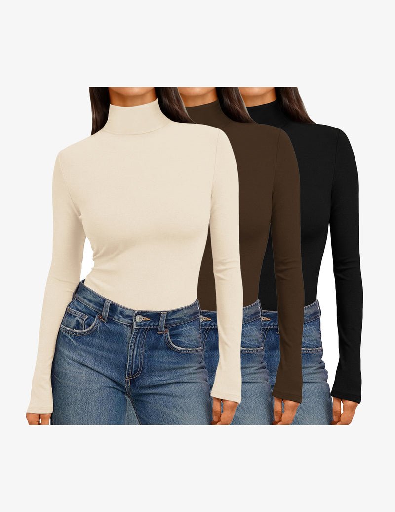 3-pack mock turtleneck long-sleeve tops in cream, brown, and black