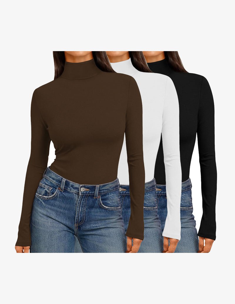 3-pack mock turtleneck long-sleeve tops in brown, white, and black