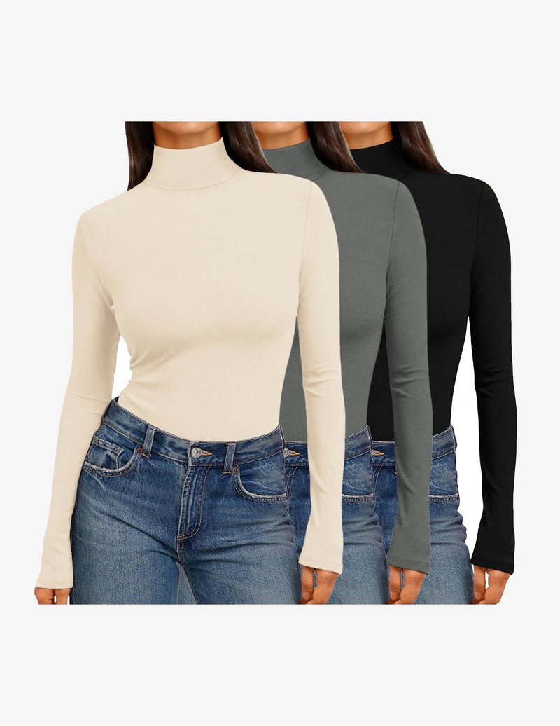 3-pack mock turtleneck long-sleeve tops in cream, gray, and black