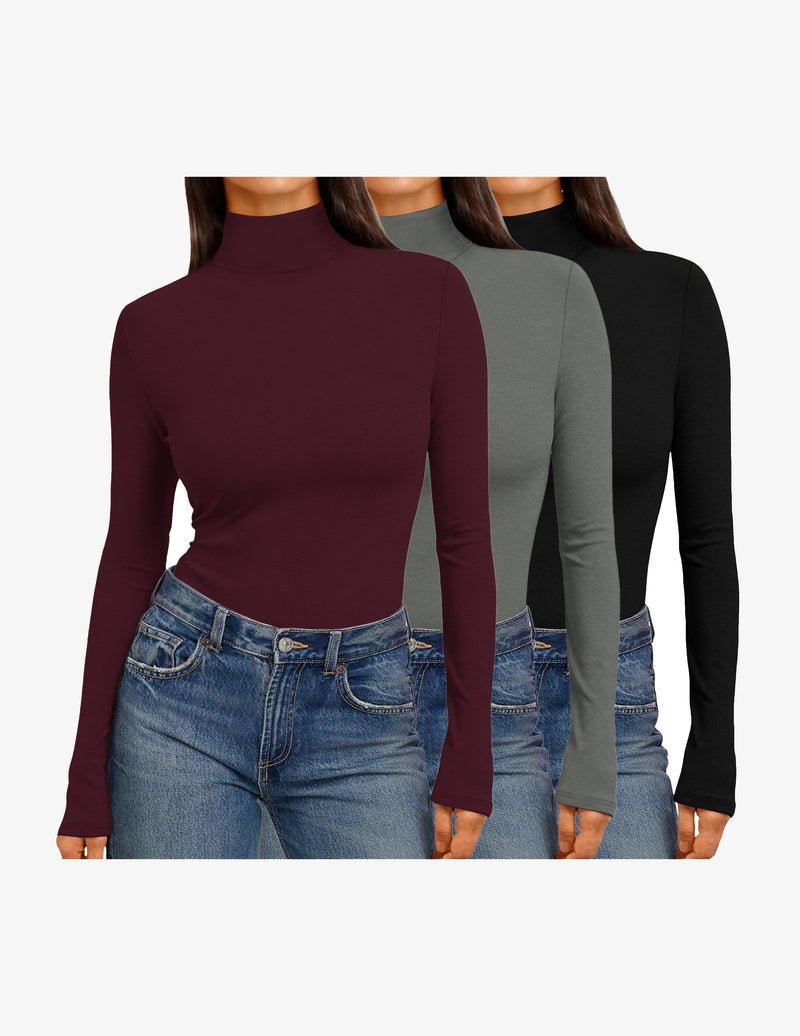 3-pack mock turtleneck long-sleeve tops in burgundy, gray, and black