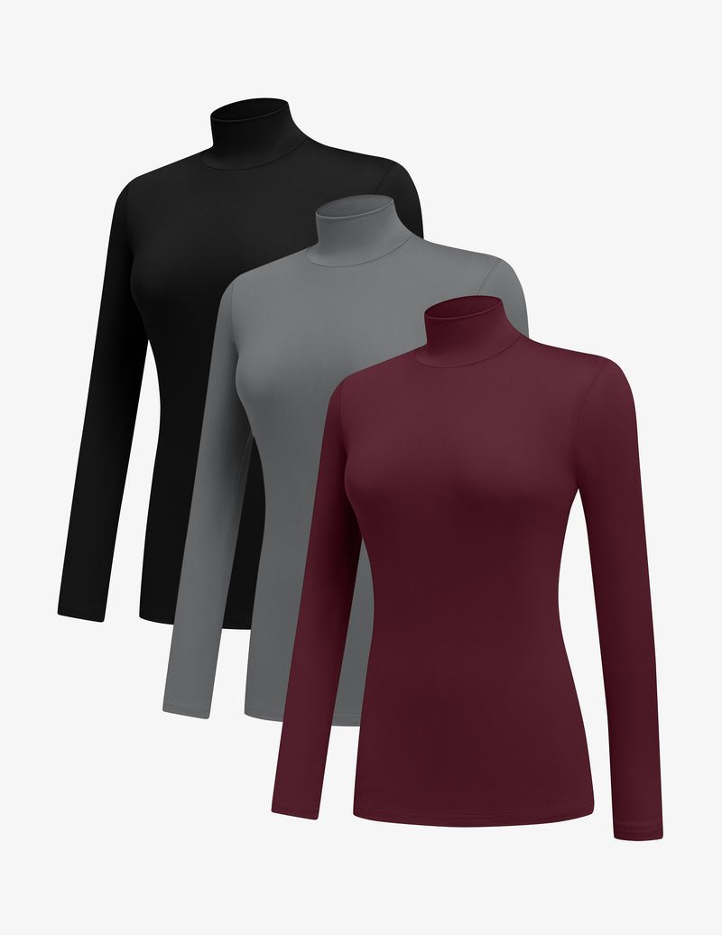 3-pack mock turtleneck long-sleeve tops in black, gray, and burgundy