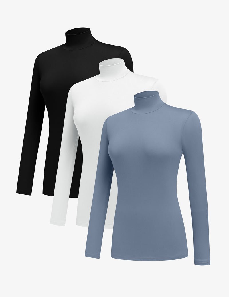 3-pack mock turtleneck long-sleeve tops in black, white, and blue