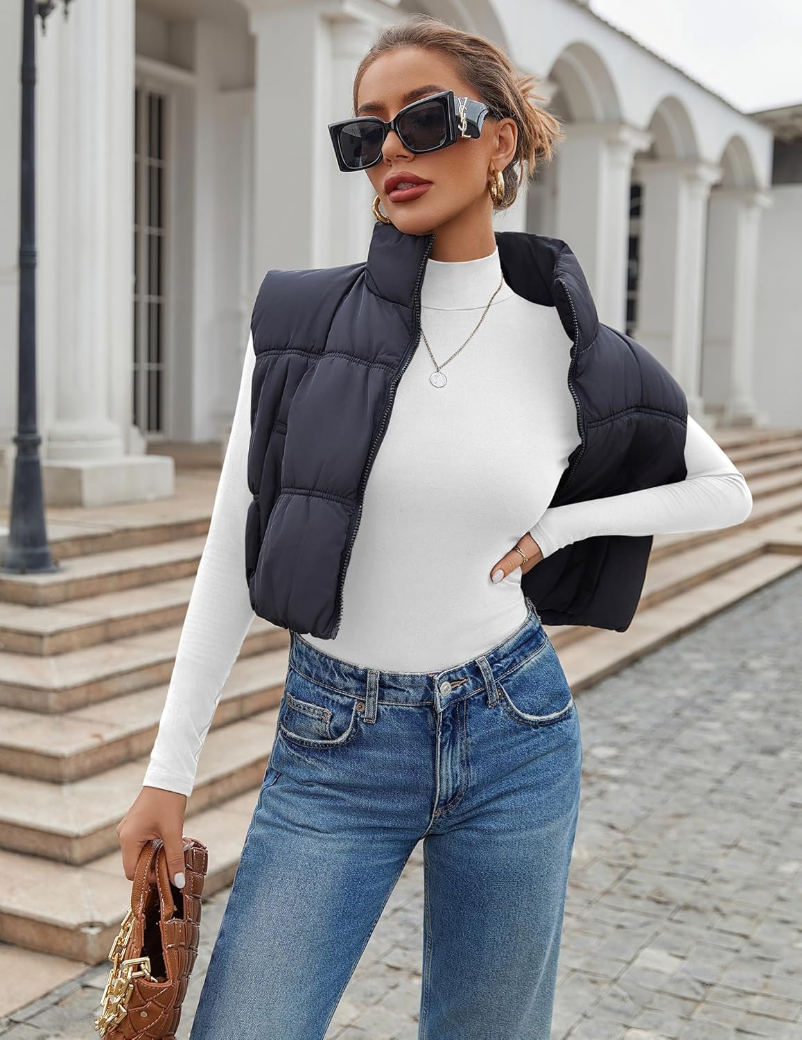 Mock-Turtleneck Langarmshirt in Weiß, hoher Hals
