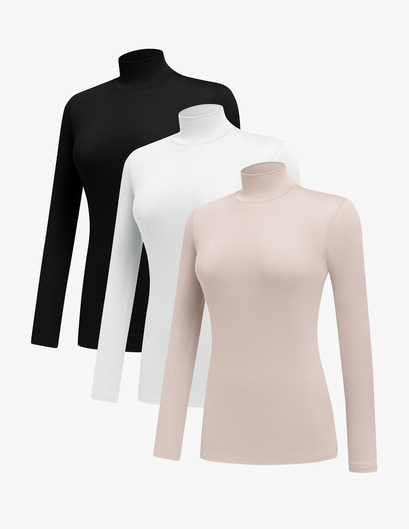 3-pack mock turtleneck long sleeve tops: black, white, blush nude