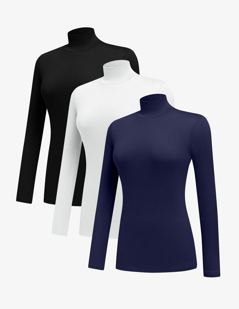 3-pack mock turtleneck long-sleeve tops in black, white, and navy blue