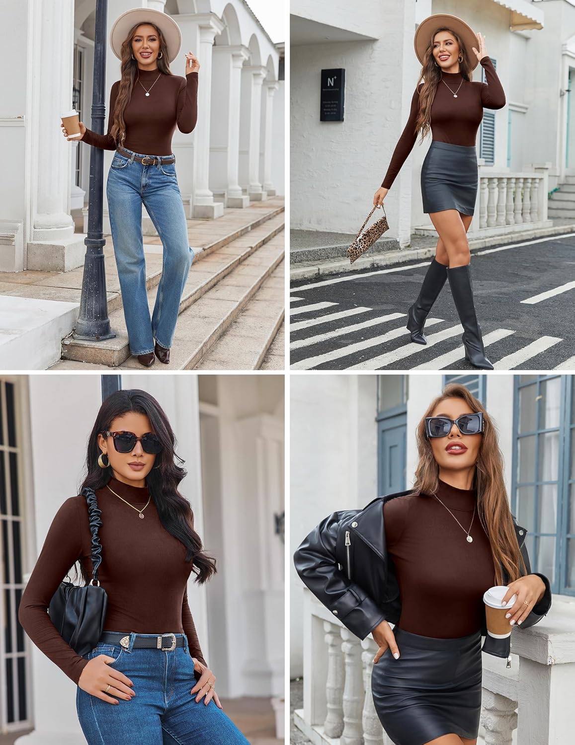 3-pack mock turtleneck long sleeve tops in brown and black