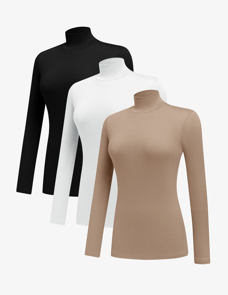 3-pack mock turtleneck long sleeve tops: black, white, tan beige