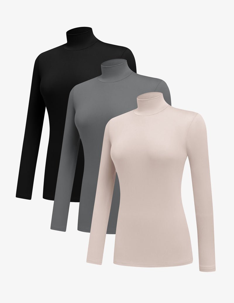 3-pack mock turtleneck long sleeve tops: black, dark gray, beige