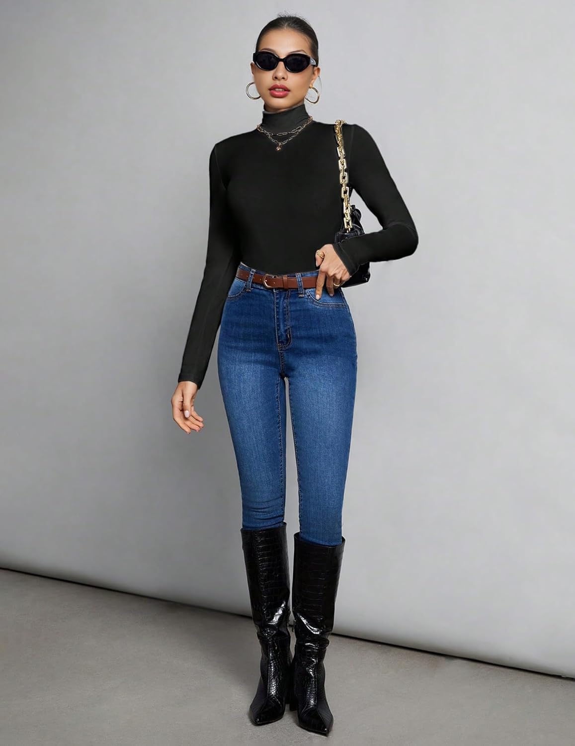 Mock-Turtleneck Langarmshirt in Schwarz, hoher Hals