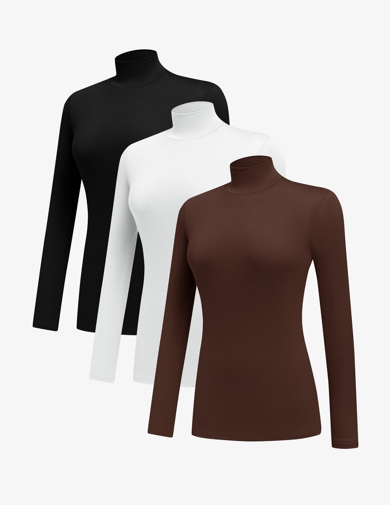 3-pack mock turtleneck long sleeve tops: black, white, chocolate brown