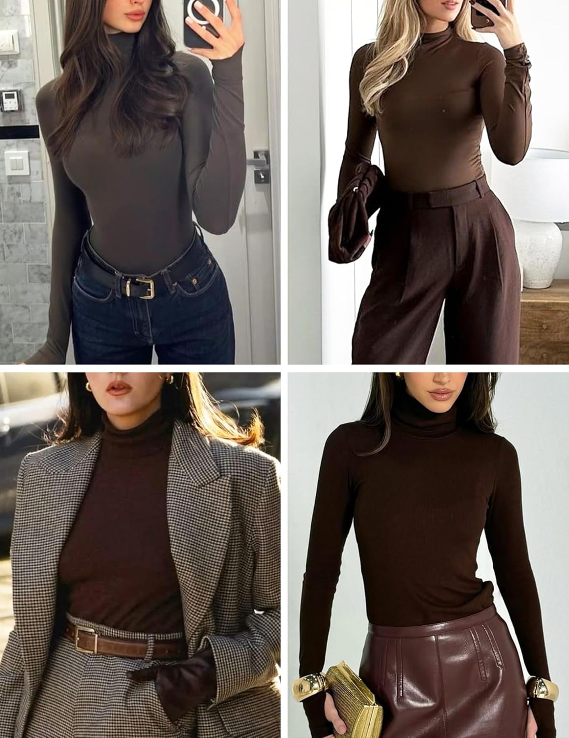 Mock-Turtleneck Langarmshirt in Dunkelbraun, hoher Kragen