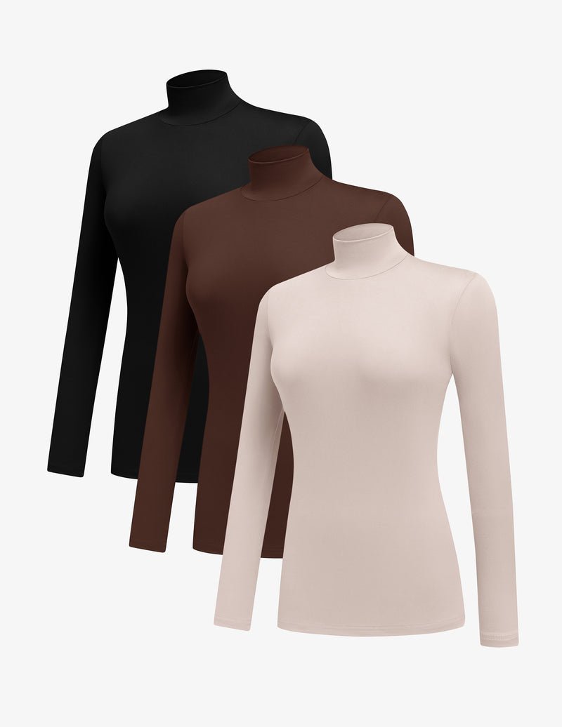 3 Pack Mock Turtleneck Tops, langärmlig: schwarz, braun und creme