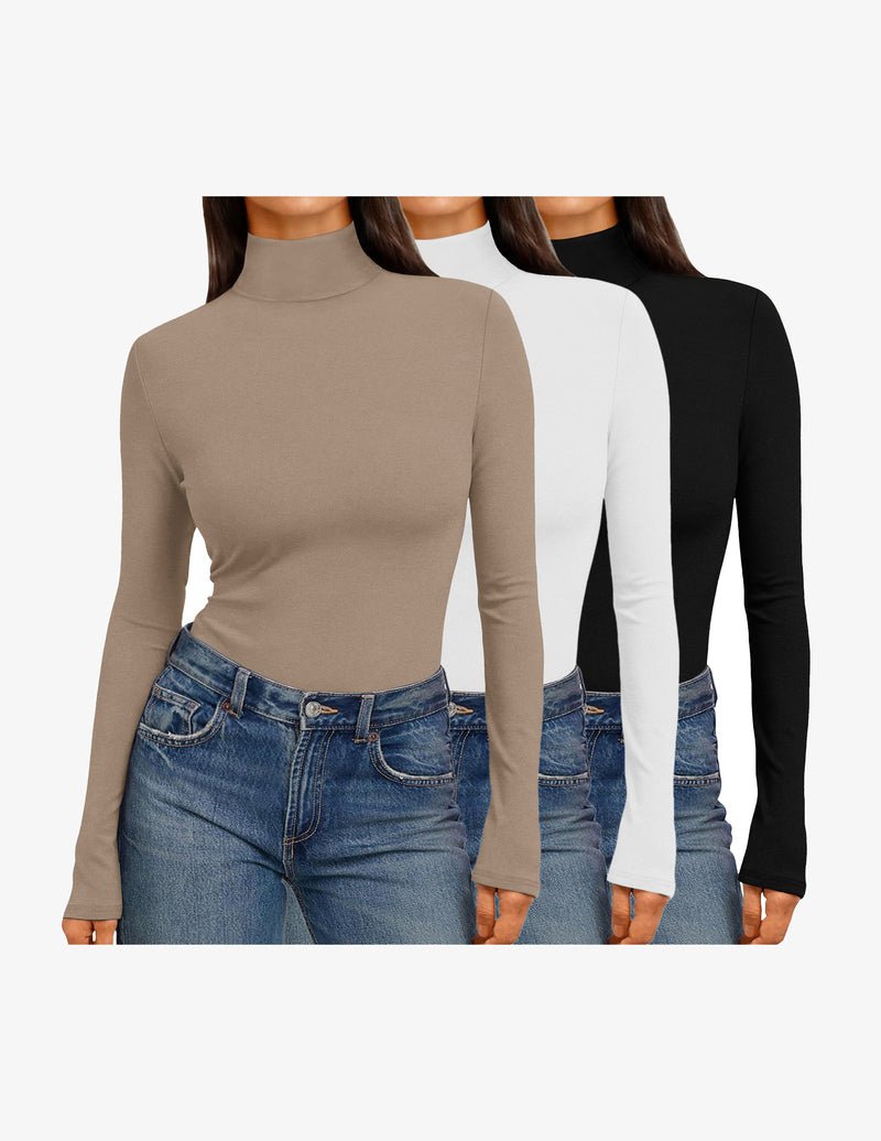 3 Pack Mock Turtleneck Tops, langärmlig: braun, weiß und schwarz