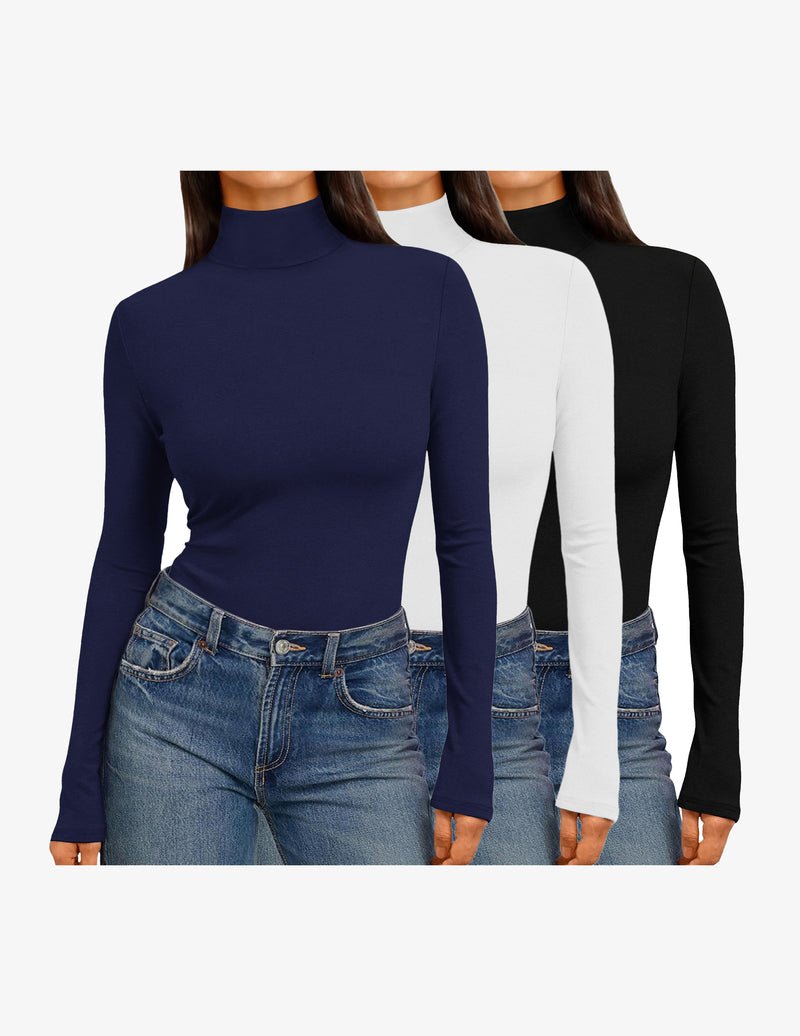 3-pack mock turtleneck long-sleeve tops in dark blue, white, and black