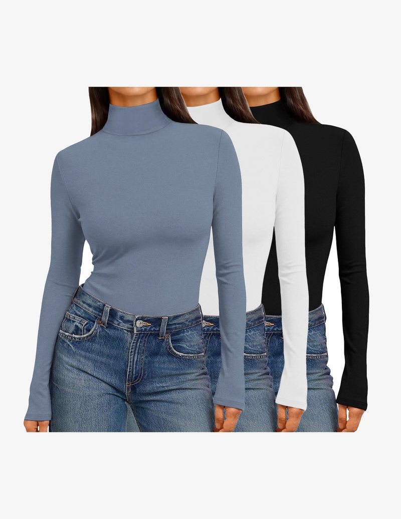 3-pack mock turtleneck long-sleeve tops in dusty blue, white, and black