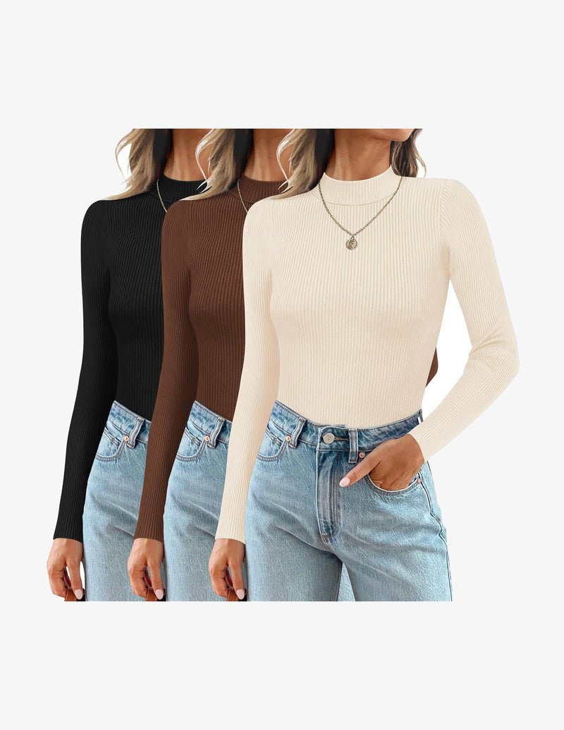3-pack ribbed mock turtlenecks: black, brown, beige long sleeve tops