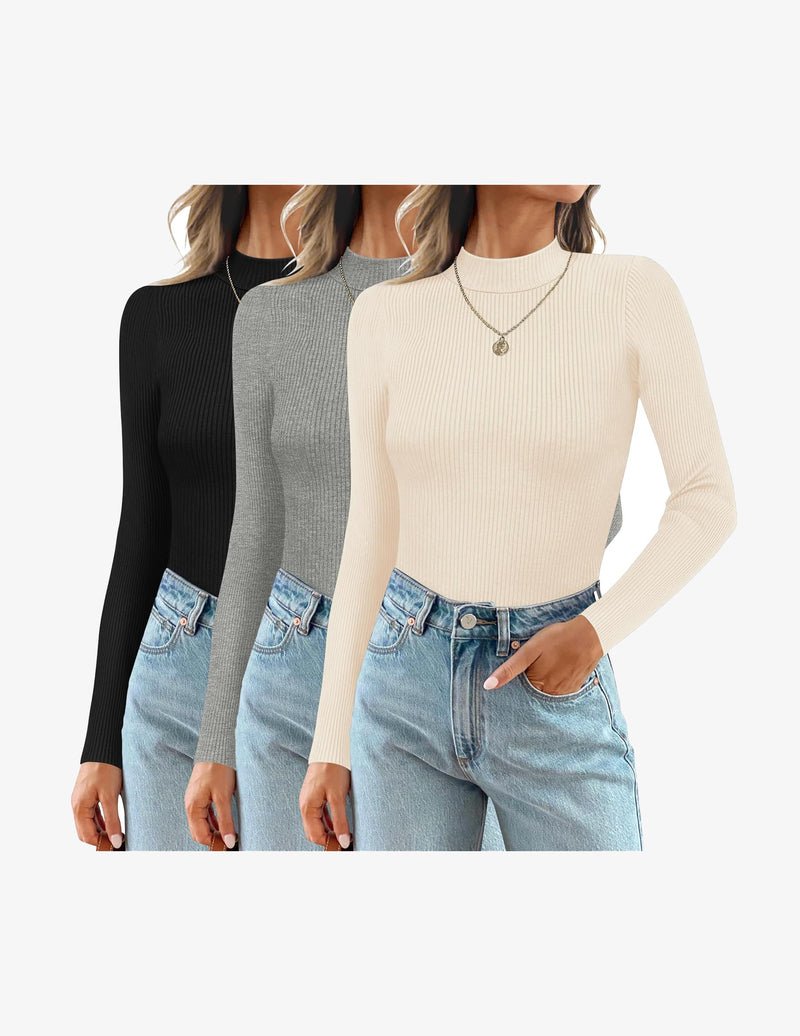 3-pack ribbed mock turtlenecks: black, gray, beige long sleeve tops