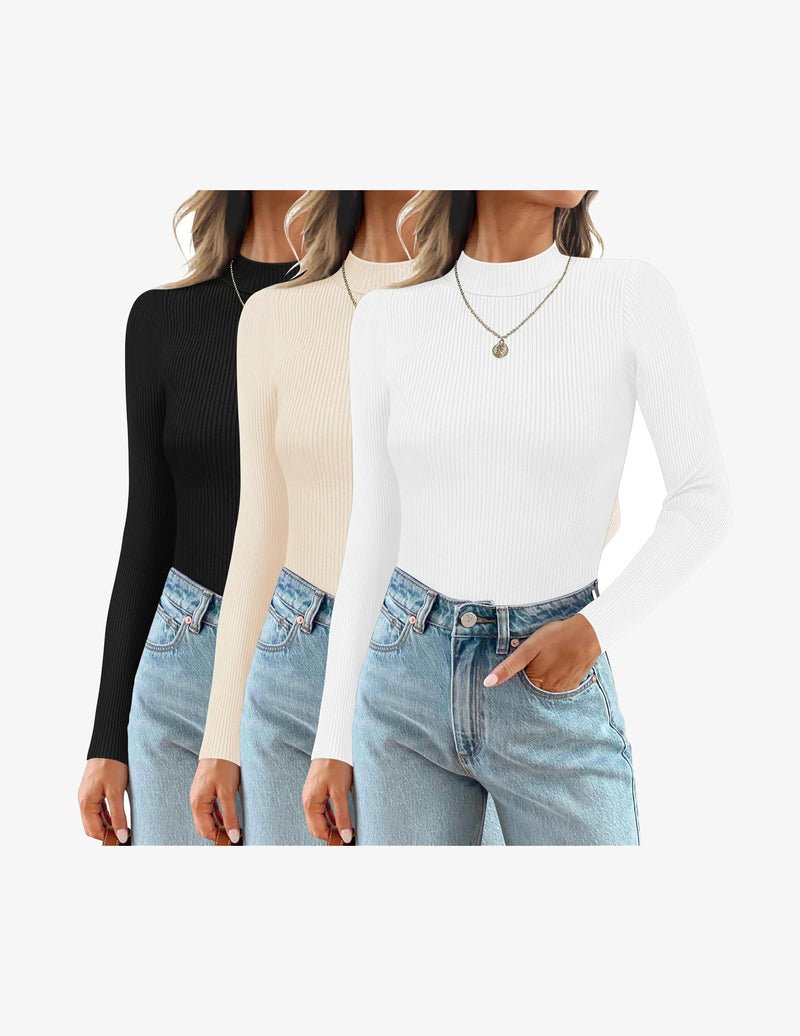 3-pack ribbed mock turtlenecks: black, beige, white long sleeve tops