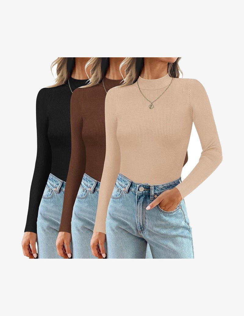 3-pack mock turtleneck long sleeve ribbed tops, black, brown, beige