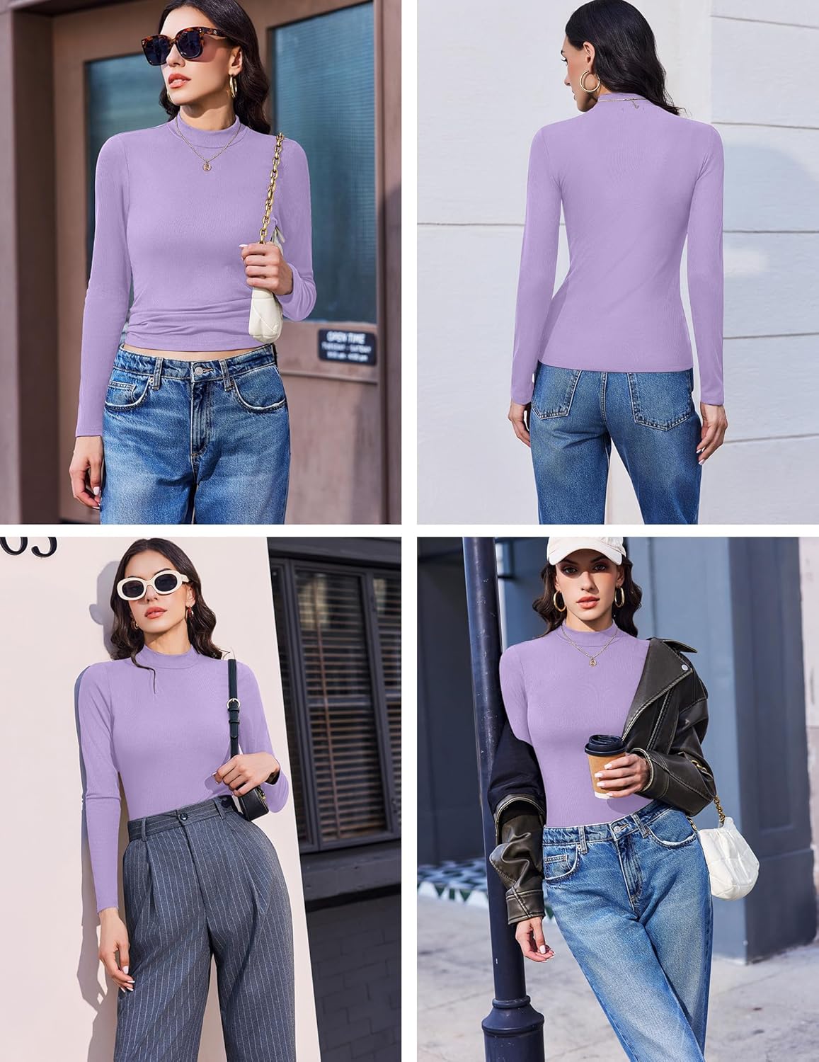 3-pack ribbed mock turtleneck long sleeve top, purple