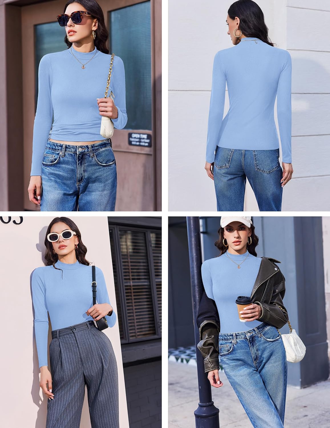 Haze blue ribbed mock turtleneck long sleeve top