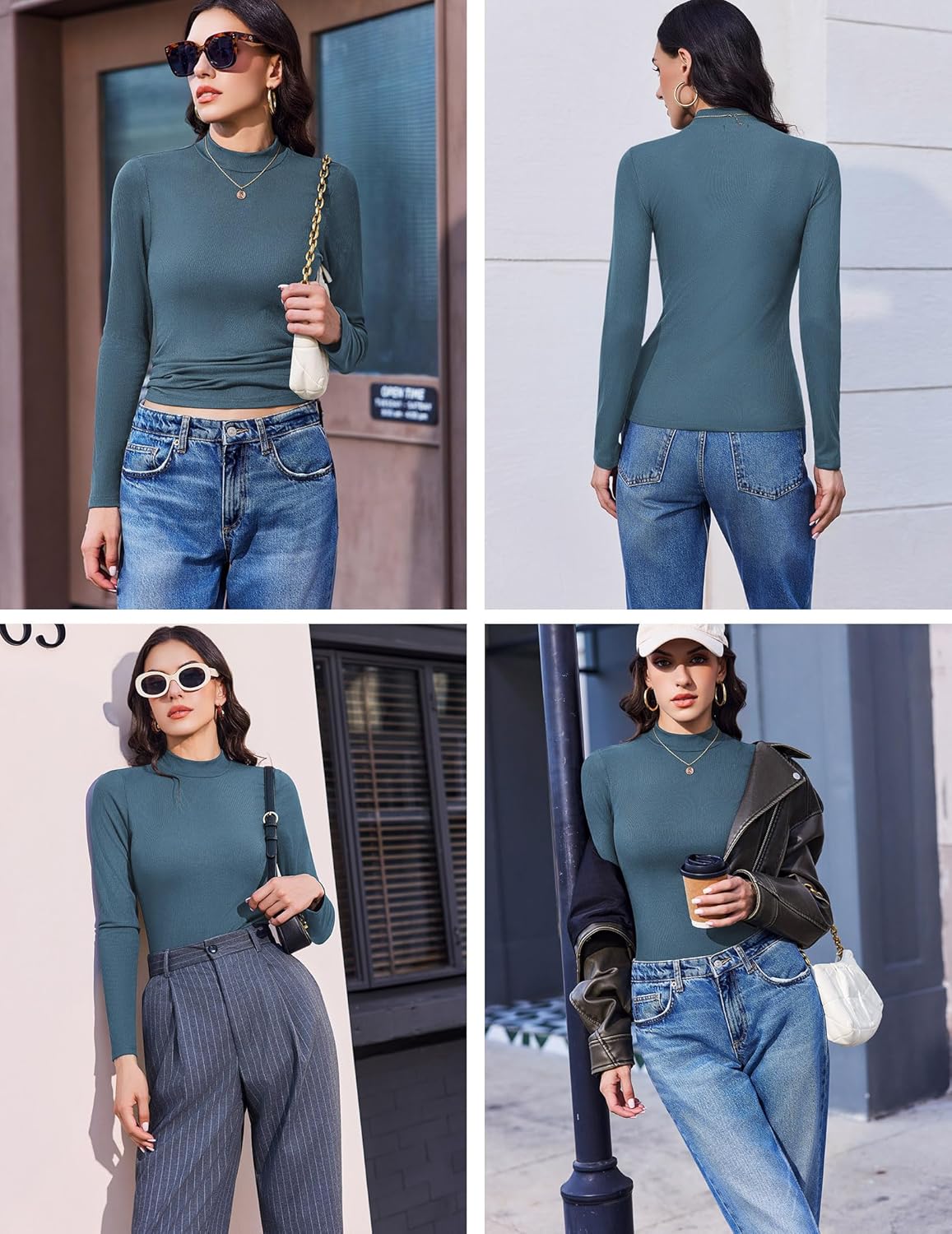 3-pack ribbed mock turtleneck long sleeve top, teal green