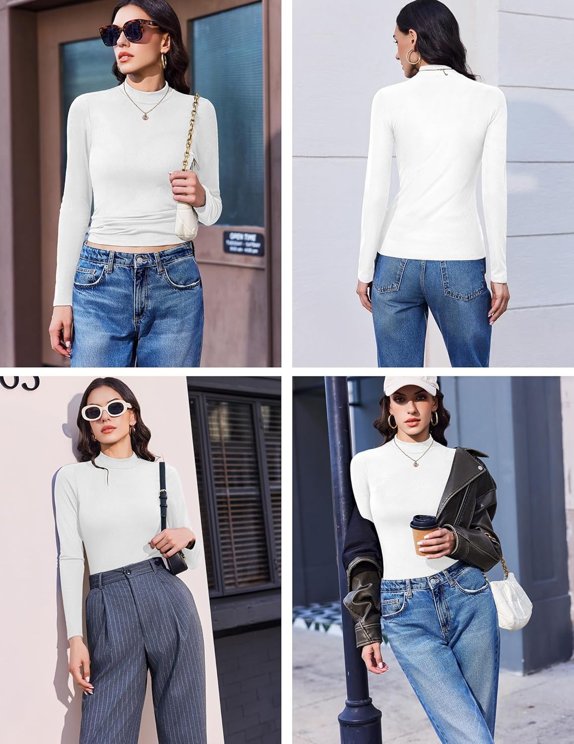 Long sleeve ribbed mock turtleneck top, white