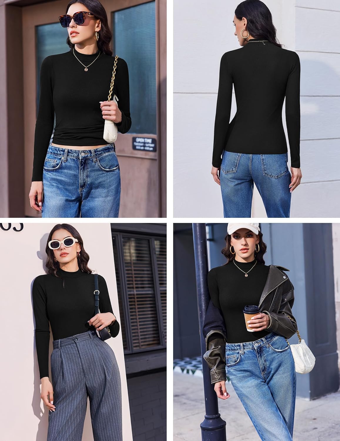 3-pack ribbed mock turtleneck long sleeve top, black
