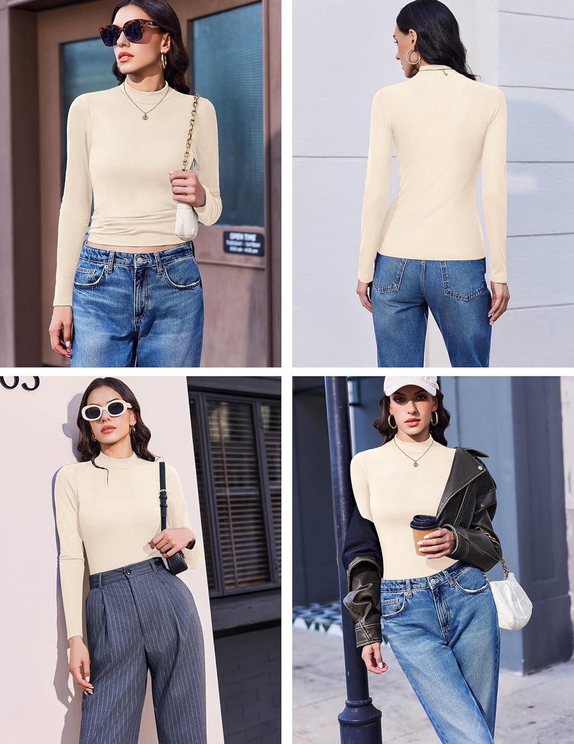 3-pack ribbed mock turtleneck long sleeve top, cream