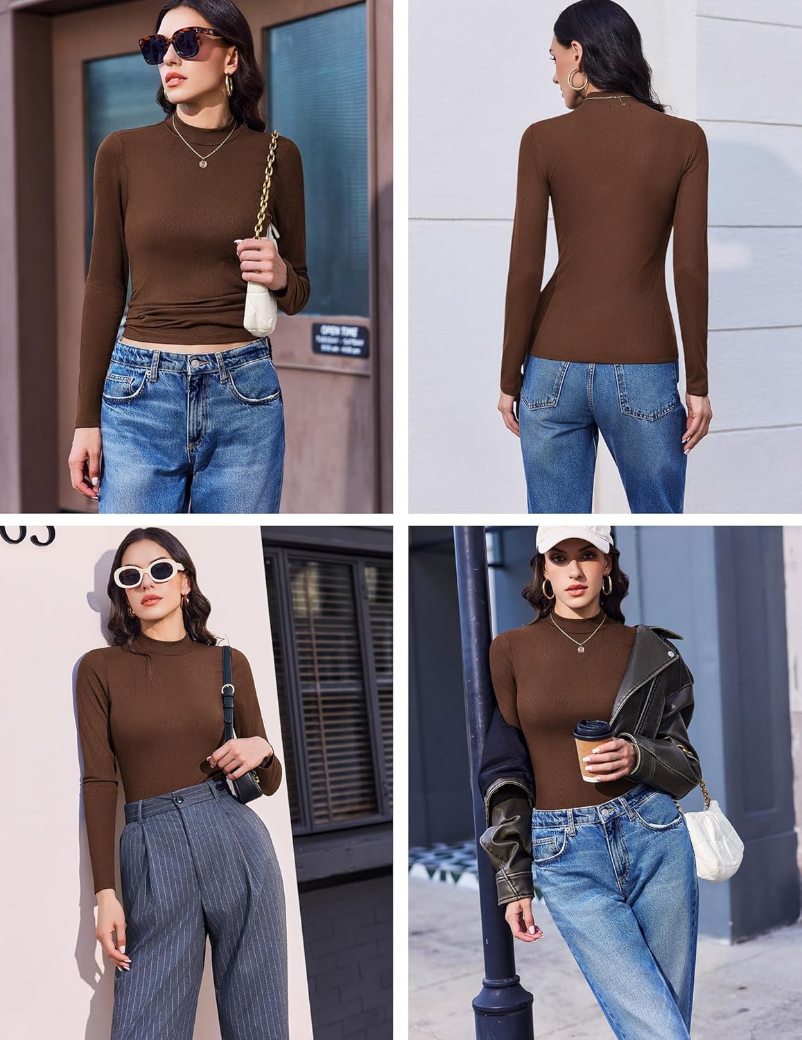 Long sleeve ribbed mock turtleneck top, dark brown