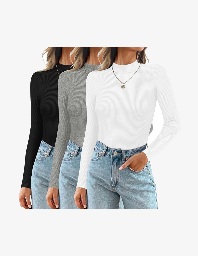 3-pack ribbed mock turtlenecks: black, gray, white long sleeve tops