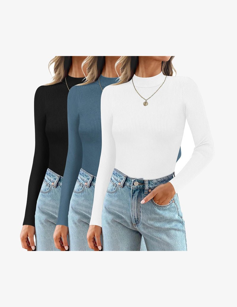3-pack ribbed mock turtlenecks: black, blue, white long sleeve tops