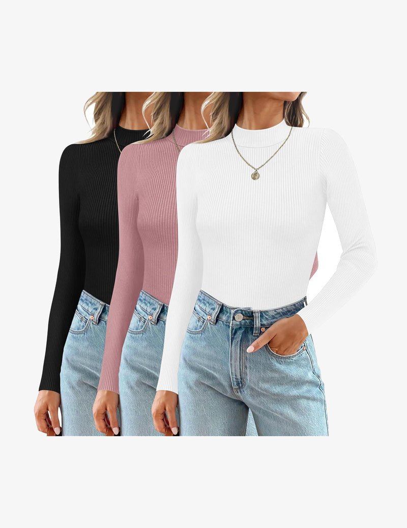 3-pack ribbed mock turtlenecks: black, mauve, white long sleeve tops