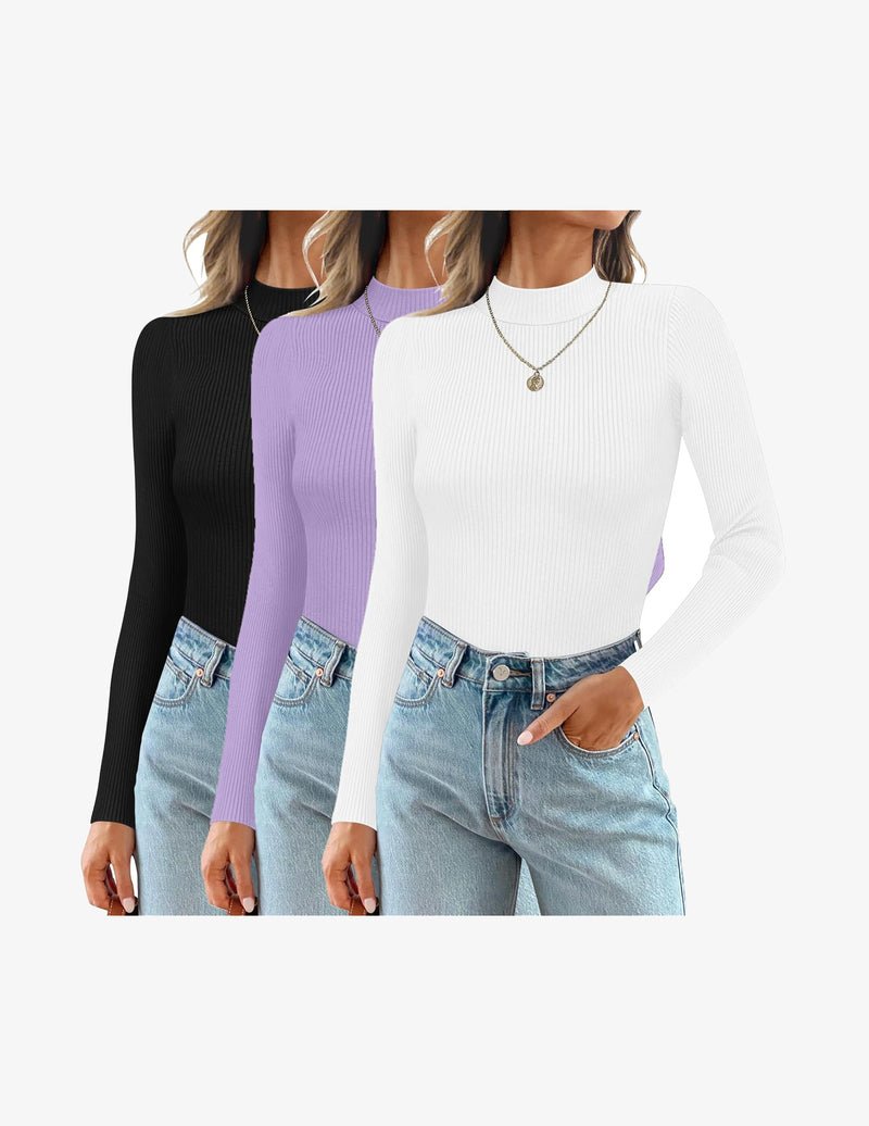 3-pack ribbed mock turtlenecks: black, purple, white long sleeve tops