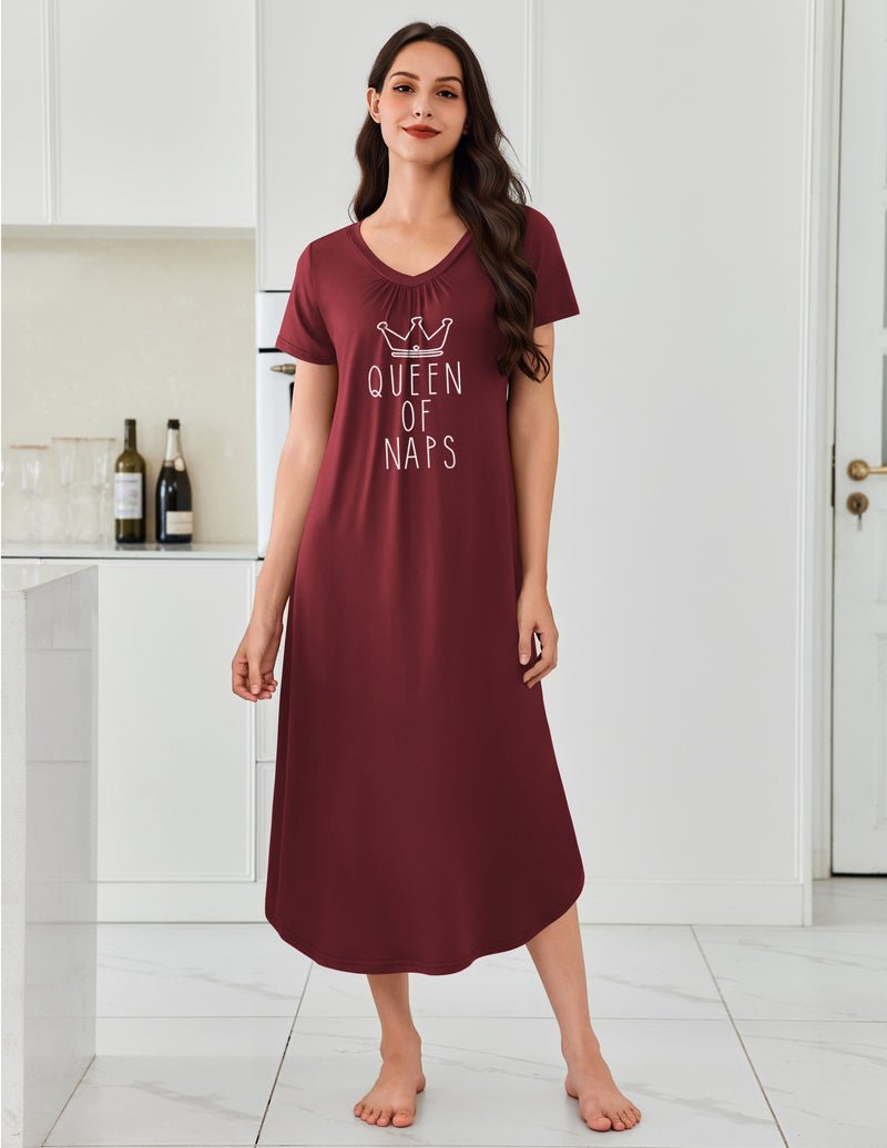 Weinrotes Nachthemd mit Aufdruck „QUEEN OF NAPS“, V-Ausschnitt, kurze Ärmel