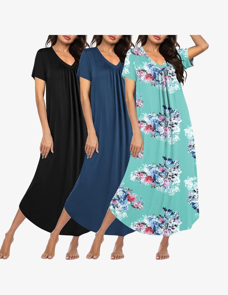 3-pack long nightgowns, black/dark blue/mint floral print, V-neck short sleeves, plus size