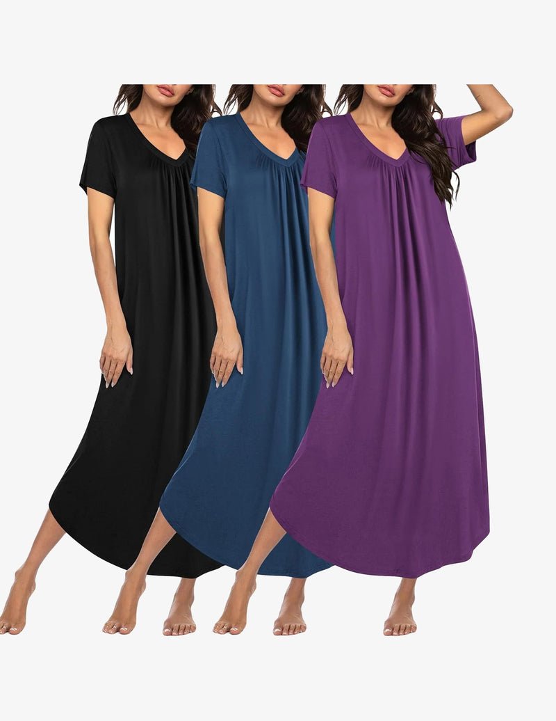 3-pack long nightgowns, black/blue/purple solid, V-neck short sleeves, plus size house dress