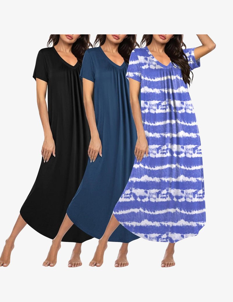 3-pack long nightgowns, black/dark blue/tie-dye stripe, V-neck short sleeves, plus size