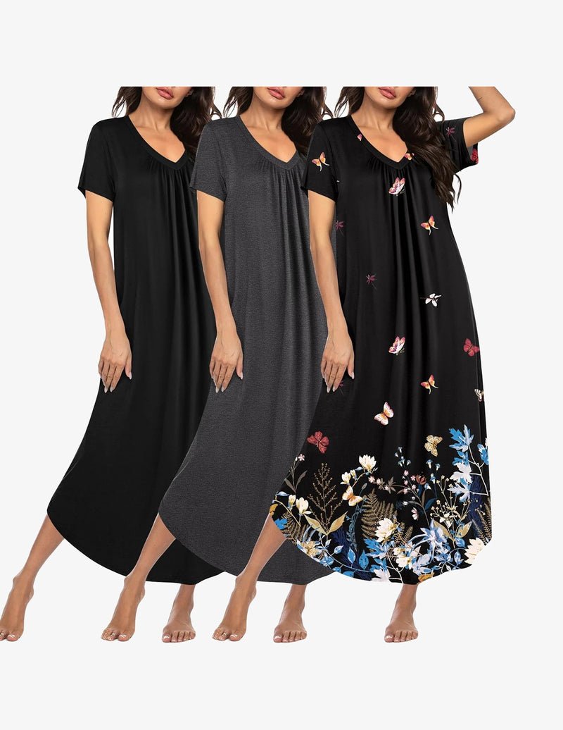 3-pack long nightgowns, black/charcoal/black with butterfly-floral hem, V-neck short sleeves
