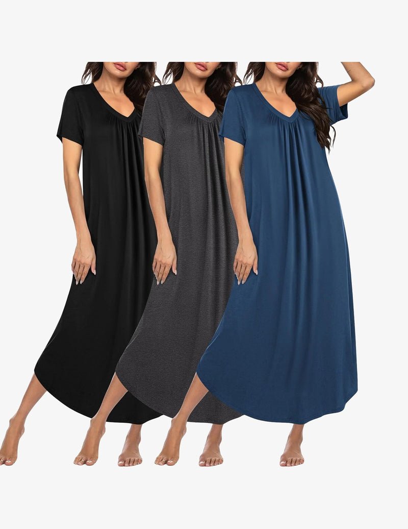 3-pack long nightgowns, black/charcoal/blue, V-neck short sleeves, plus size house dress