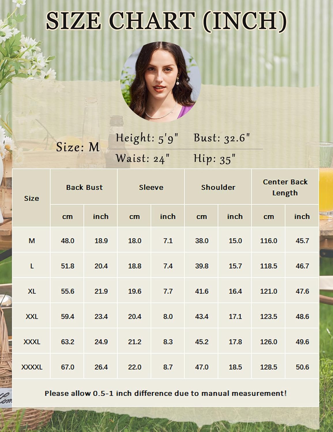Size chart in inches: back bust, sleeve, shoulder, center back length; sizes M–XXXXL
