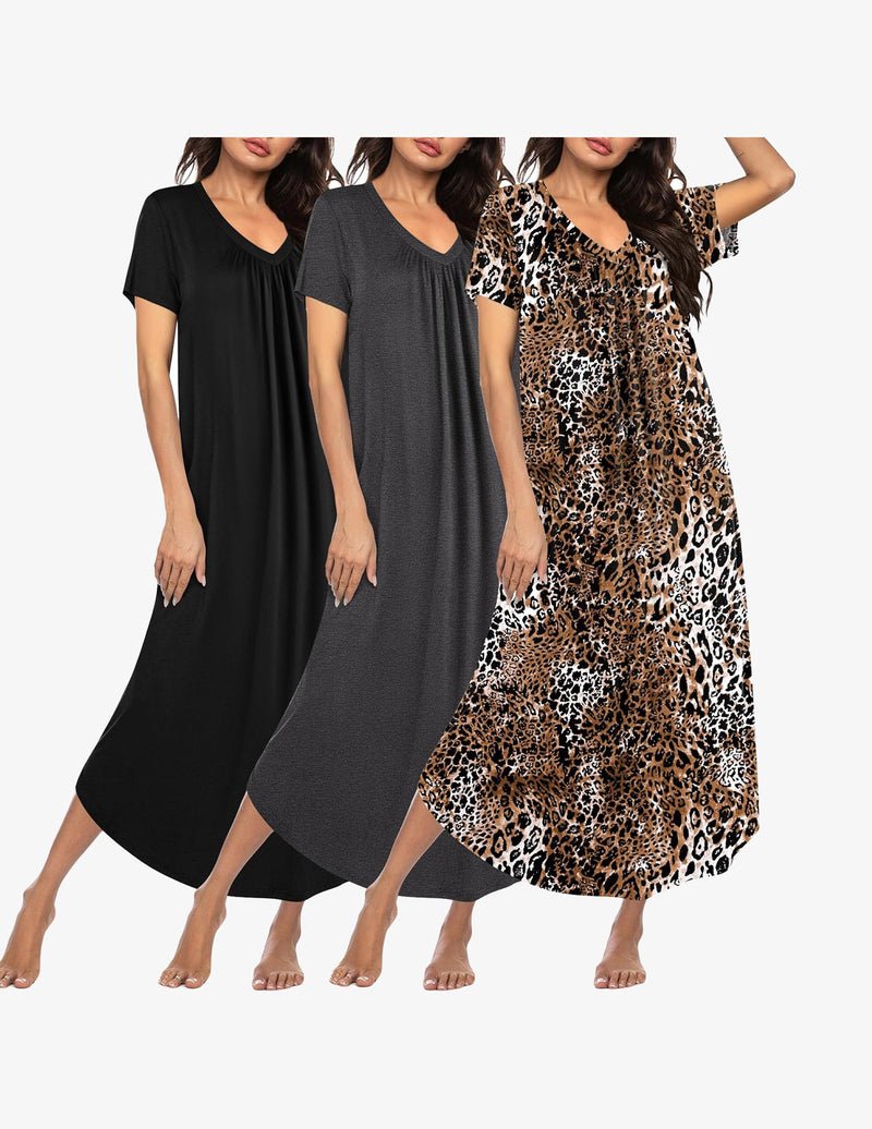 3-pack long nightgowns, black/charcoal/leopard, V-neck short sleeves, plus size house dress