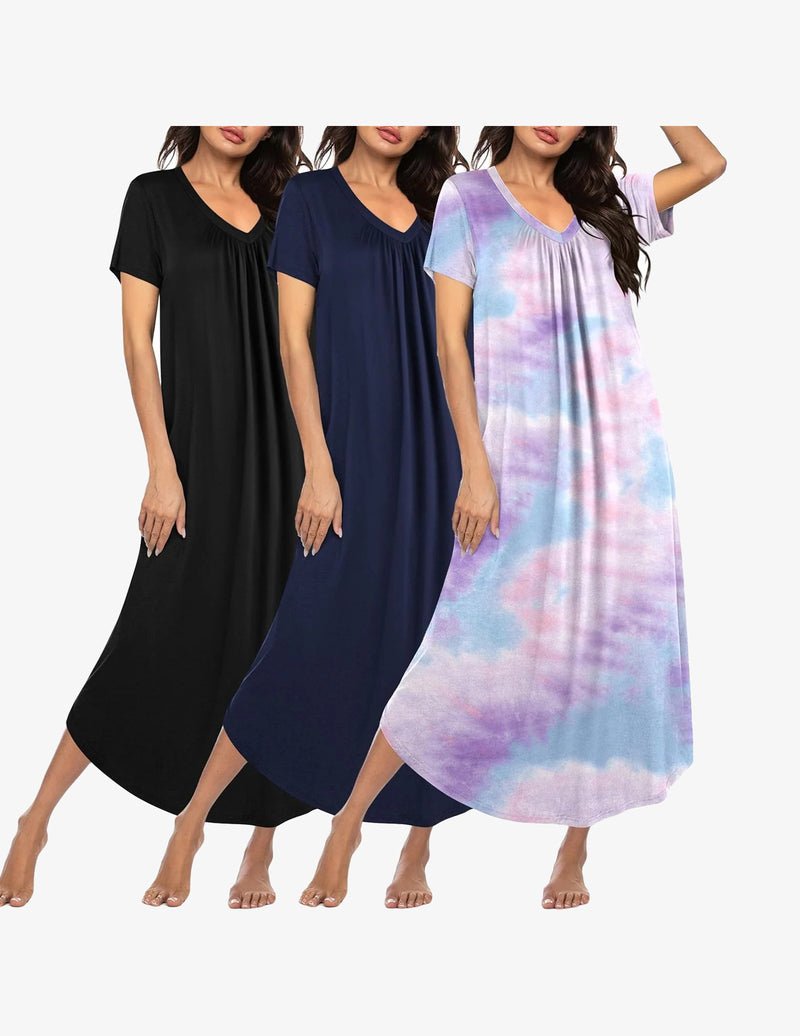 3-pack long nightgowns, black/dark navy/pastel tie-dye, V-neck short sleeves, plus size