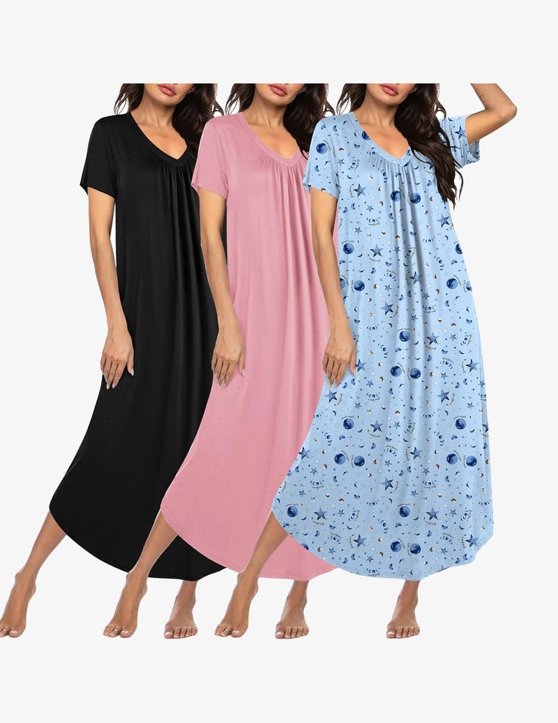 3-pack long nightgowns, black/rose pink/light blue star print, V-neck short sleeves, plus size